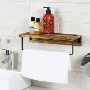 MyGift Wall Mounted Rustic Solid Burnt Wood Hand Towel Rack with Bathroom Accessories Storage Display Shelf