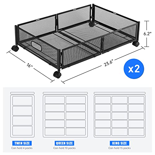 NiHome Under Bed Storage Containers with Wheels, Foldable Metal Under Bed Shoe Storage Drawers Cart, Tool Free Assembly Rolling Under Bed Storage Organizer for Toys Clothes Book Blanket, Black, 2PCK