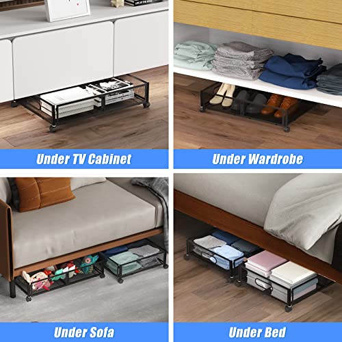 NiHome Under Bed Storage Containers with Wheels, Foldable Metal Under Bed Shoe Storage Drawers Cart, Tool Free Assembly Rolling Under Bed Storage Organizer for Toys Clothes Book Blanket, Black, 2PCK