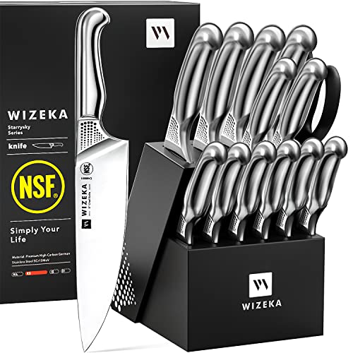 WIZEKA Kitchen Knife Set with Block, NSF Certified 15pcs German Steel 1.4116 Knife Block Set, Professional Chef Knife Set with Built-in Sharpener, Starry Sky Series