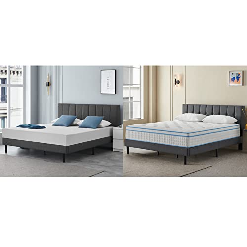 IYEE NATURE 12 Inch Queen Innerspring Hybrid Mattress + 42 Inch Platform Bed Frame (Grey)