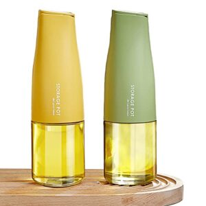 kizzhisi 17oz glass olive oil dispenser, oil and vinegar dispenser set with silica gel pourers, weighted pourer, drip free spout oil dispenser bottle for kitchen（green+yellow）