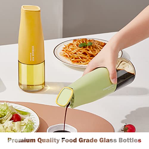 KIZZHISI 17oz Glass Olive Oil Dispenser, Oil and Vinegar Dispenser Set with Silica Gel Pourers, Weighted Pourer, Drip Free Spout Oil Dispenser Bottle for Kitchen（Green+Yellow）