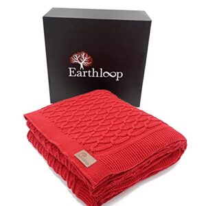 earthloop large knit throw blanket | 100% organic cotton – gots certified | couch and bed throw blankets | knitted throws | adult cable knit (60 x 80 in, red)