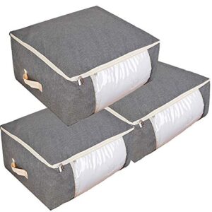 qozary 3 pack large storage bags for comforters, blankets, clothes, quilts and towels, better and sturdy under bed organizer bag for closets, bedrooms (gray, extra large - 105l - 27.5 x 11.8 x 19.6")