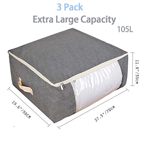 Qozary 3 Pack Large Storage Bags for Comforters, Blankets, Clothes, Quilts and Towels, Better and Sturdy Under Bed Organizer Bag for Closets, Bedrooms (Gray, Extra Large - 105L - 27.5 x 11.8 x 19.6")