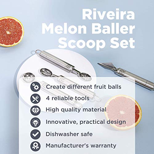 Riveira Melon Baller Scoop Set Stainless Steel 4-Piece Carving Knife Watermelon Cantaloupe Scooper for Cutting and Scooping Fruit Melons