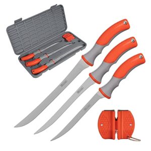 wild fish 5-piece fish fillet set for filleting and boning, 9 inch, 7 1/2 inch, and 6 inch fillet knifes with sharpener and case