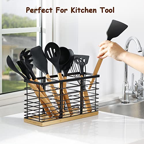 WDT Tool Utensil holder for Kitchen Counter- 13.5" x 4.2" x 6.9" Large Utensils Holder For Farmhouse Cooking, Utensil Caddy Spatula Holder (3 Compartments)