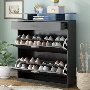 polibi shoe storage cabinet with 2 large flip drawers and temper glass shelves, free standing shoe rack modern shoe organizer with led lights for living room, bedroom, entryway, black