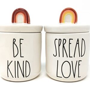 Rae Dunn by Magenta LL BE KIND and SPREAD LOVE Jar Set, Rainbow Handles, 4" tall x 2.75" wide each, Ceramic Jars, Bathroom, Bedroom, Make Up, Holder, Storage, Canister, Organizer