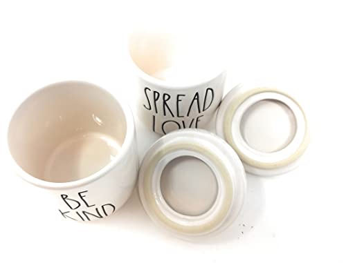 Rae Dunn by Magenta LL BE KIND and SPREAD LOVE Jar Set, Rainbow Handles, 4" tall x 2.75" wide each, Ceramic Jars, Bathroom, Bedroom, Make Up, Holder, Storage, Canister, Organizer