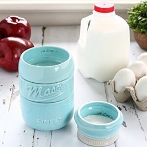 Sparrow Decor Mason Jar Measuring Cups Set - Set of 4 Ceramic Measuring Cups (1/4, 1/3, 1/2, 1 Cup) in Rustic, Antique, Farmhouse Design Perfect for Your Kitchen (Blue)