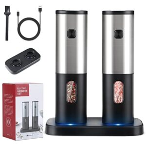 electric salt and pepper grinder set rechargeable, homcytop automatic salt & pepper mill refillable with storage base, usb cables, blue led light, one hand operation, 2 adjustable coarseness mills