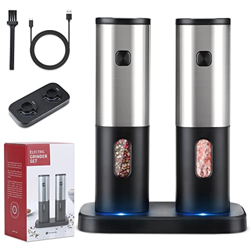 Electric Salt and Pepper Grinder Set Rechargeable, HOMCYTOP Automatic Salt & Pepper Mill Refillable with Storage Base, USB Cables, Blue LED Light, One Hand Operation, 2 Adjustable Coarseness Mills