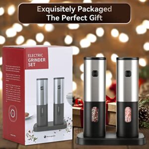 Electric Salt and Pepper Grinder Set Rechargeable, HOMCYTOP Automatic Salt & Pepper Mill Refillable with Storage Base, USB Cables, Blue LED Light, One Hand Operation, 2 Adjustable Coarseness Mills