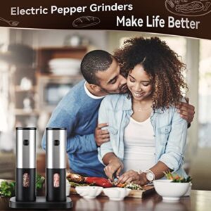 Electric Salt and Pepper Grinder Set Rechargeable, HOMCYTOP Automatic Salt & Pepper Mill Refillable with Storage Base, USB Cables, Blue LED Light, One Hand Operation, 2 Adjustable Coarseness Mills