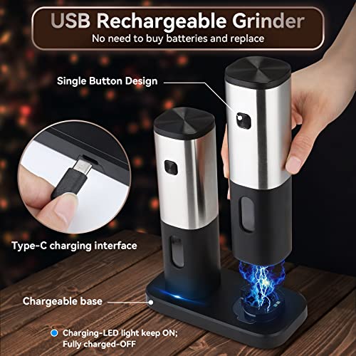 Electric Salt and Pepper Grinder Set Rechargeable, HOMCYTOP Automatic Salt & Pepper Mill Refillable with Storage Base, USB Cables, Blue LED Light, One Hand Operation, 2 Adjustable Coarseness Mills