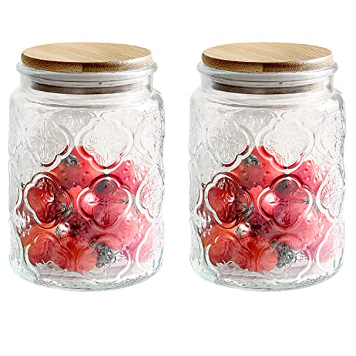 R FLORY 24 OZ Canning Decorative Cookie Candy Jar with Bamboo Lid Storage Organizer Crystal Holder Vanity Canister Jar Glass Set of 2 for Candy Jewelry Cotton Candle Vase Decor