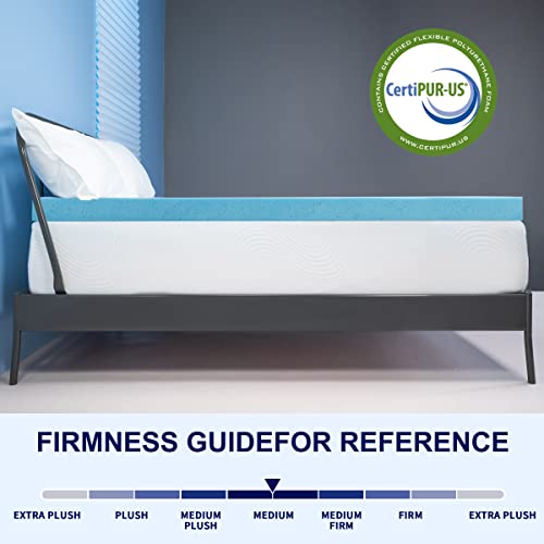 SUBRTEX 4 Inch Memory Foam Mattress Topper Ventilated Gel Infused Bed Foam Topper for Pressure Relieving, CertiPUR-US Certified, Queen, Blue