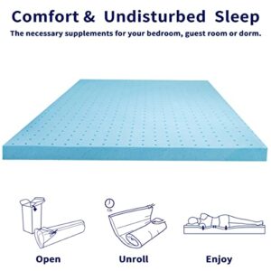 SUBRTEX 4 Inch Memory Foam Mattress Topper Ventilated Gel Infused Bed Foam Topper for Pressure Relieving, CertiPUR-US Certified, Queen, Blue