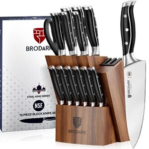 brodark kitchen knife set with block, full tang 15 pcs professional chef knife set with knife sharpener, nsf (food safe) german stainless steel knife block set, steel-king series with gift box