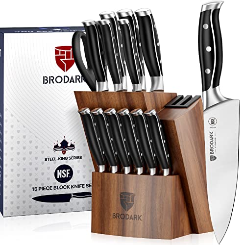 BRODARK Kitchen Knife Set with Block, Full Tang 15 Pcs Professional Chef Knife Set with Knife Sharpener, NSF (Food Safe) German Stainless Steel Knife Block Set, Steel-king Series with Gift Box