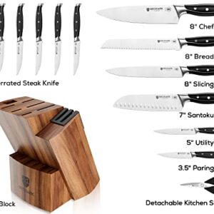 BRODARK Kitchen Knife Set with Block, Full Tang 15 Pcs Professional Chef Knife Set with Knife Sharpener, NSF (Food Safe) German Stainless Steel Knife Block Set, Steel-king Series with Gift Box