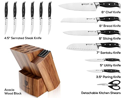 BRODARK Kitchen Knife Set with Block, Full Tang 15 Pcs Professional Chef Knife Set with Knife Sharpener, NSF (Food Safe) German Stainless Steel Knife Block Set, Steel-king Series with Gift Box