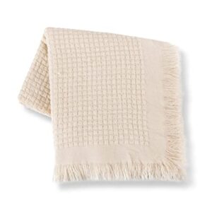 cozecube boho throw blanket for couch, spring throw blanket, basket weave waffle throw blanket, farmhouse lightweight throw blanket with fringe, cream, 60'' x 50''