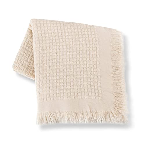 CozeCube Boho Throw Blanket for Couch, Spring Throw Blanket, Basket Weave Waffle Throw Blanket, Farmhouse Lightweight Throw Blanket with Fringe, Cream, 60'' x 50''