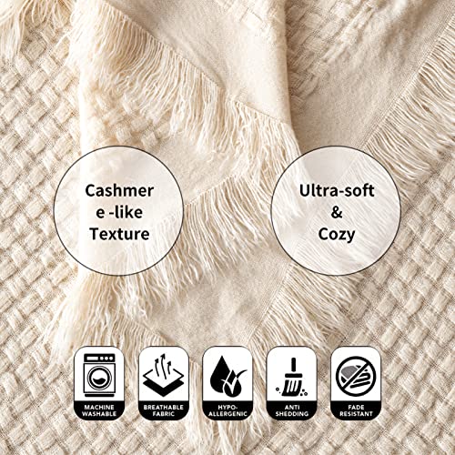 CozeCube Boho Throw Blanket for Couch, Spring Throw Blanket, Basket Weave Waffle Throw Blanket, Farmhouse Lightweight Throw Blanket with Fringe, Cream, 60'' x 50''