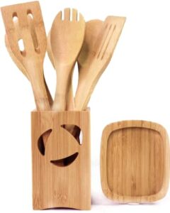 rehau bamboo kitchen utensils set 8pcs – non-stick wooden spoons for cooking – quality wooden spoon & wooden spatula set, kitchen wooden utensils for cooking - easy to clean wooden cooking