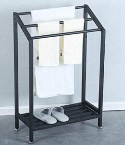 lengen industrial modern 3 tier metal towel bar stand with shelf for bathroom, free standing towel rack,indoor/outdoor,black