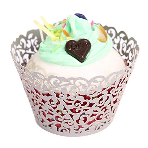 GOLF 100Pcs Cupcake Wrappers Artistic Bake Cake Paper Filigree Little Vine Lace Laser Cut Liner Baking Cup Wraps Muffin CaseTrays for Wedding Party Birthday Decoration (White)