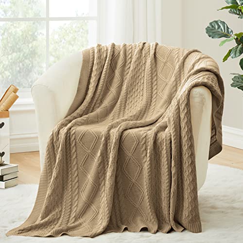 RUDONG M Taupe Cable Knit Throw Blanket, Textured Decorative Throw Blanket, Cozy Knitted Blanket for All Seasons, Lightweight Warm Soft Throw Blanket for Couch, Bed, Sofa 50 x 60 Inch