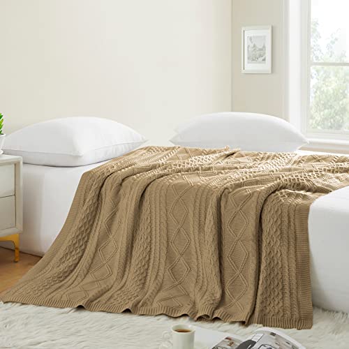 RUDONG M Taupe Cable Knit Throw Blanket, Textured Decorative Throw Blanket, Cozy Knitted Blanket for All Seasons, Lightweight Warm Soft Throw Blanket for Couch, Bed, Sofa 50 x 60 Inch