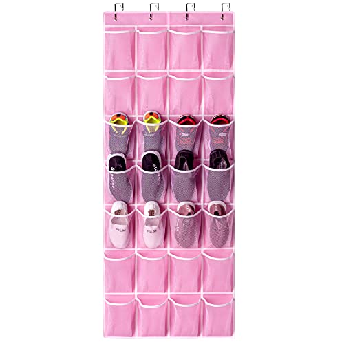 KEEPJOY 28 Pockets Hanging Shoe Organizer, Over the Door Shoe Organizer, Hanging Door Shoe Holder Rack with Mesh Pockets Large Size 65 x 23 Inch (Pink-1Pack)