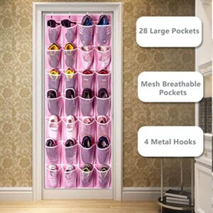 KEEPJOY 28 Pockets Hanging Shoe Organizer, Over the Door Shoe Organizer, Hanging Door Shoe Holder Rack with Mesh Pockets Large Size 65 x 23 Inch (Pink-1Pack)