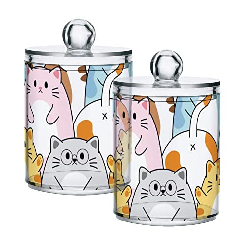 MNSRUU 2 Pack Qtip Holder Organizer Dispenser Cute Cats Happy Kitten Bathroom Storage Canister Cotton Ball Holder Bathroom Containers for Cotton Swabs/Pads/Floss