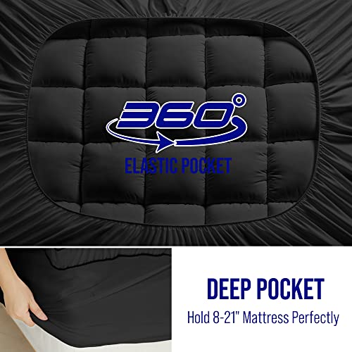 HYLEORY Queen Size Mattress Topper for Back Pain, Extra Thick Cooling Mattress Pad Cover, Down Alternative Overfilled Plush Pillow Top with 8-21 Inch Deep Pocket, Black