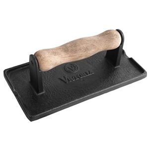 victoria rectangular cast-iron meat press with a wooden handle, preseasoned with flaxseed oil, made in colombia