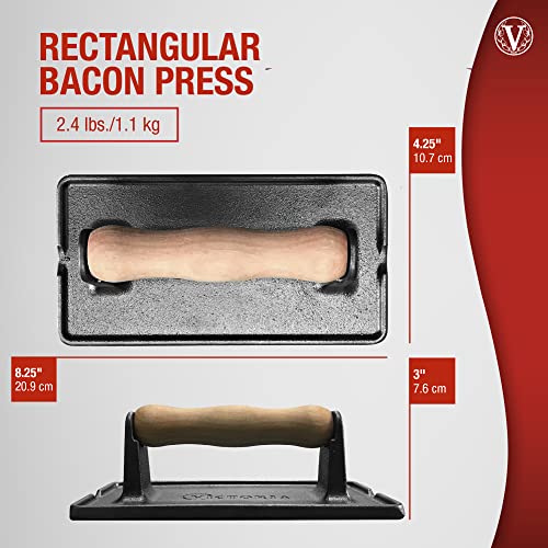 Victoria Rectangular Cast-Iron Meat Press with a Wooden Handle, Preseasoned with Flaxseed Oil, Made in Colombia