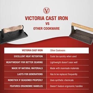 Victoria Rectangular Cast-Iron Meat Press with a Wooden Handle, Preseasoned with Flaxseed Oil, Made in Colombia