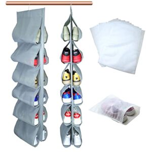 asoqwal 2 pack 12 large pockets hanging shoe organizer for closet with roating hanger for storage mens shoes,kids clothes,also can used as travel shoe rack hanging,grey