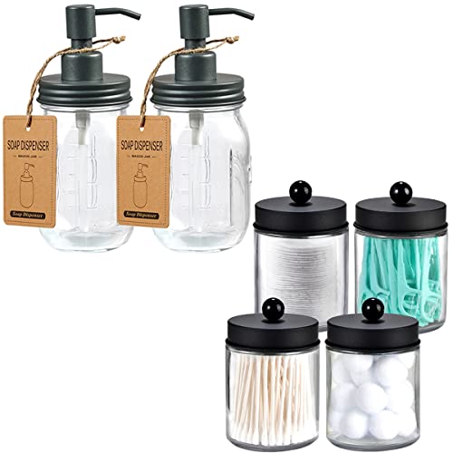 4 Pc Black Apothecary Jars Bathroom Storage Organizer - Cute Qtip Holder Vanity Canister & 2 Pcs Mason Jar Soap Dispensers -Rustproof Stainless Steel Lid &Pump, Refillable Hand Soap for Bathroom, Grey