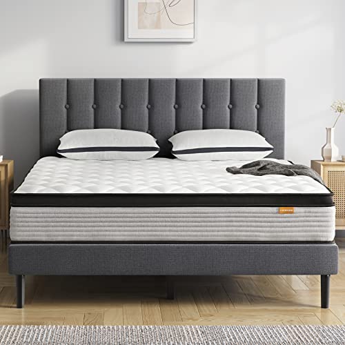 S SECRETLAND 10 Inch Queen Innerspring Hybrid Mattress + 42 Inch Platform Bed Frame (Grey)