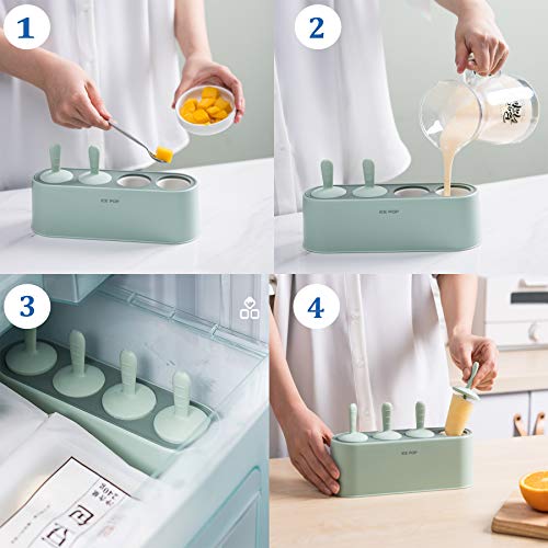 Popsicle Mold with 4 Pops, Silicone Ice Cream Molds Reusable Ice Pop Makers Easy Release Popsicle Tray for DIY Ice Cream Homemade Ice Pop (Green)