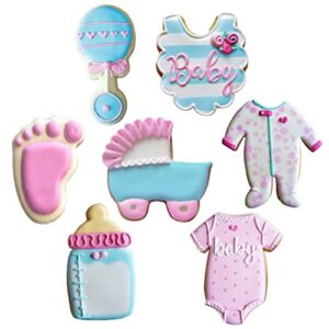 Ann Clark Cookie Cutters 7-Piece Baby Shower Cookie Cutter Set with Recipe Booklet, Onesie, Bib, Rattle, Bottle, Carriage, Foot and Footie PJs