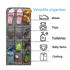 ANZORG Dual Sided Hanging Shoe Organizer for Closet with Rotating Hanger Hanging Shoe Rack Holder with 24 Large Pockets (GREY-Clear Pockets)